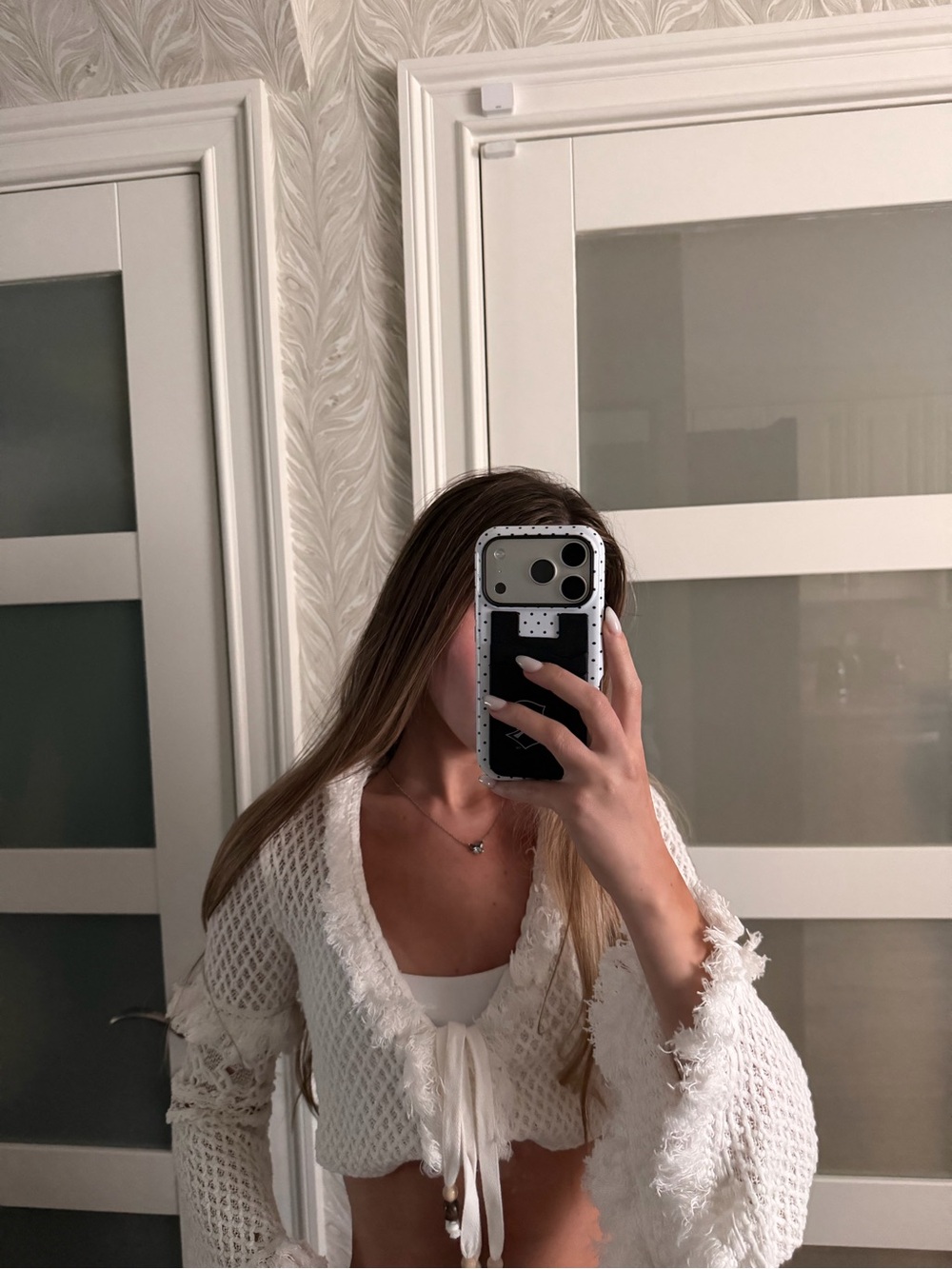 Jonathan Simkhai White Crochet V-Neck Bell Sleeve Sweater